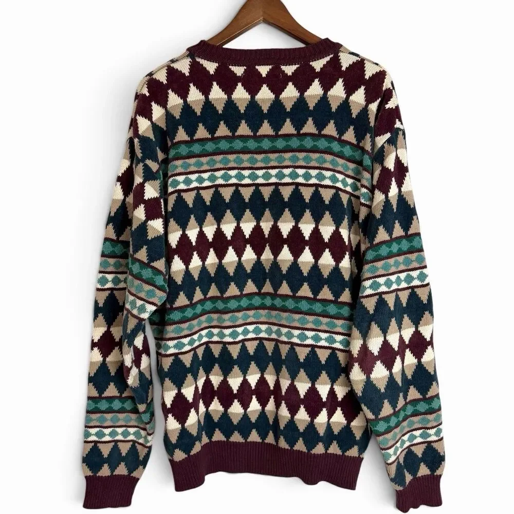VTG 90s Saks Fifth Avenue 100% Cotton Geometric Grandpa Sweater Multicolor XL